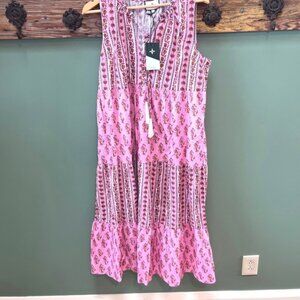 Tuckernuck Pink Half Drop Floral Stripe Tiered Midi Dress Women's Size L